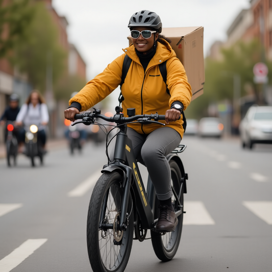 Courier riding electric bike with package