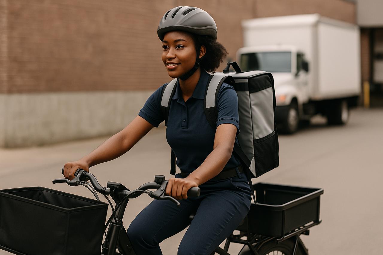 Person riding a bicycle with a cargo bike trailer, wearing a helmet and dark clothing.