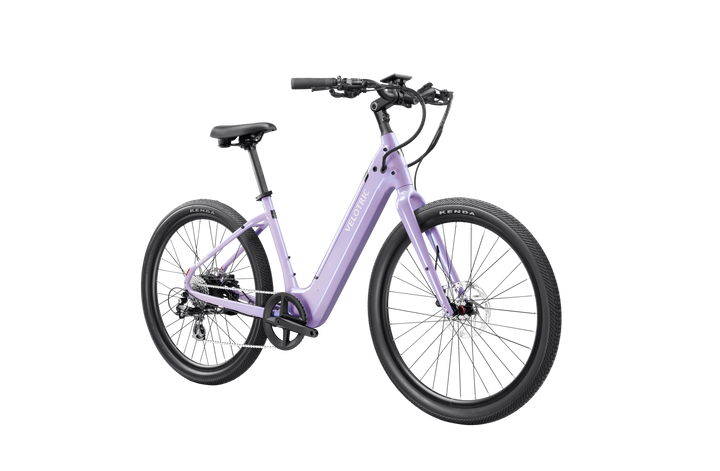 Purple electric bicycle on a white background